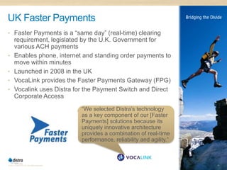 UK Faster Payments
 U.K. Faster Payments
• Faster Payments is a “same day” (real-time) clearing
       requirement, legislated by the U.K. Government for
       various ACH payments
•      Enables phone, internet and standing order payments to
       move within minutes
•      Launched in 2008 in the UK
•      VocaLink provides the Faster Payments Gateway (FPG)
•      Vocalink uses Distra for the Payment Switch and Direct
       Corporate Access

                                              “We selected Distra’s technology
                                              as a key component of our [Faster
                                              Payments] solutions because its
                                              uniquely innovative architecture
                                              provides a combination of real-time
                                              performance, reliability and agility.”



© 2011 Distra Pty Ltd. All rights reserved.                                            18
 