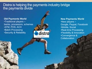 Distra is helping the payments industry bridge
the payments divide

 Old Payments World                           New Payments World
 •Traditional players –                       •New players –
 banks, processors, schemes                   Google, Paypal, Facebook
 •ATM, POS, ACH                               •Mobile, Social
 •Batch Processing                            •Real-time Processing
 •Security & Reliability                      •Flexibility & Innovation
                                              •Convergence &
                                              Collaboration




© 2011 Distra Pty Ltd. All rights reserved.                               21
 