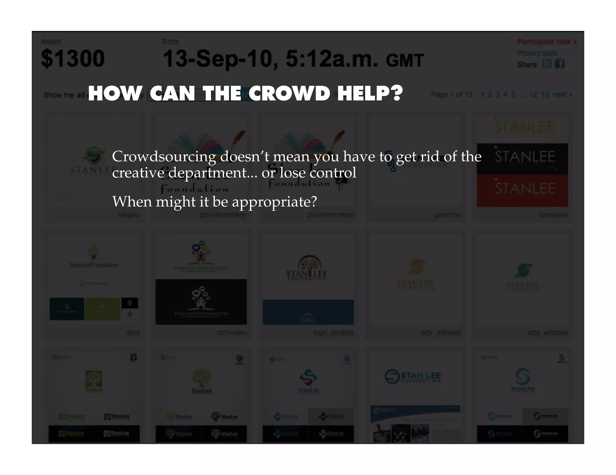HOW CAN THE CROWD HELP?


 Crowdsourcing doesn’t mean you have to get rid of the
 creative department... or lose control
 When might it be appropriate?
 