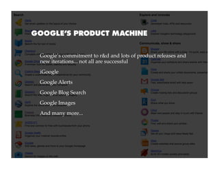 GOOGLE’S PRODUCT MACHINE


 Google’s commitment to r&d and lots of product releases and
 new iterations... not all are successful
 iGoogle
 Google Alerts
 Google Blog Search
 Google Images
 And many more...
 