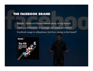 THE FACEBOOK BRAND


 Brandz - Millward Brown annual study of top brands
 Value a combination of earnings and brand perception
 Facebook usage is ubiquitous, but how strong is the brand?
 