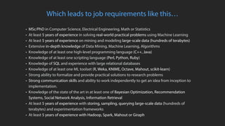 Which leads to job requirements like this…
• MSc/PhD in Computer Science, Electrical Engineering, Math or Statistics
• At ...