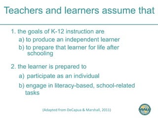 Teachers and learners assume that 
1. the goals of K-12 instruction are 
a) to produce an independent learner 
b) to prepare that learner for life after 
schooling 
2. the learner is prepared to 
a) participate as an individual 
b) engage in literacy-based, school-related 
tasks 
(Adapted 
from 
DeCapua 
& 
Marshall, 
2011) 
 
