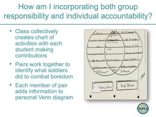 How am I incorporating both group 
responsibility and individual accountability? 
• Class collectively 
creates chart of 
activities with each 
student making 
contributions 
• Pairs work together to 
identify what soldiers 
did to combat boredom 
• Each member of pair 
adds information to 
personal Venn diagram 
 