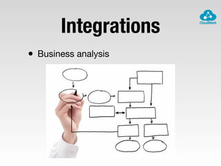 Integrations
• Business analysis
 