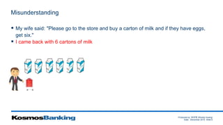 Produced by: 黃俊喬 (Woody Huang)
Date: December 2015 Slide 6
Misunderstanding
 My wife said: "Please go to the store and buy a carton of milk and if they have eggs,
get six."
 I came back with 6 cartons of milk
 