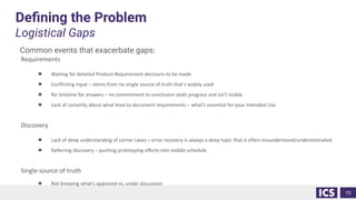 Deﬁning the Problem
Logistical Gaps
Common events that exacerbate gaps:
Requirements
● Waiting for detailed Product Requirement decisions to be made
● Conflicting input – stems from no single source of truth that’s widely used
● No timeline for answers – no commitment to conclusion stalls progress and isn’t visible
● Lack of certainty about what level to document requirements – what’s essential for your Intended Use
Discovery
● Lack of deep understanding of corner cases – error recovery is always a deep topic that is often misunderstood/underestimated
● Deferring discovery – pushing prototyping efforts into middle schedule
Single source of truth
● Not knowing what's approved vs. under discussion
10
 
