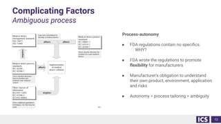 Complicating Factors
Ambiguous process
Process-autonomy
● FDA regulations contain no speciﬁcs.
🡪 WHY?
● FDA wrote the regulations to promote
ﬂexibility for manufacturers
● Manufacturer’s obligation to understand
their own product, environment, application
and risks
● Autonomy = process tailoring = ambiguity
13
 