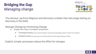 Bridging the Gap
Managing change
The obvious: up-front diligence and discovery is better than late-stage testing (or
discovery in the ﬁeld)
Manage Change by minimizing Change
● Analyze the risky or complex components
● Prototype testing (if you haven’t tested it, assume the packaging doesn’t match the contents)
● Detailed review (cursory buy-in is the best place for late stage disaster to hide)
Explicit, simple, processes reduce the effort for changes
21
 