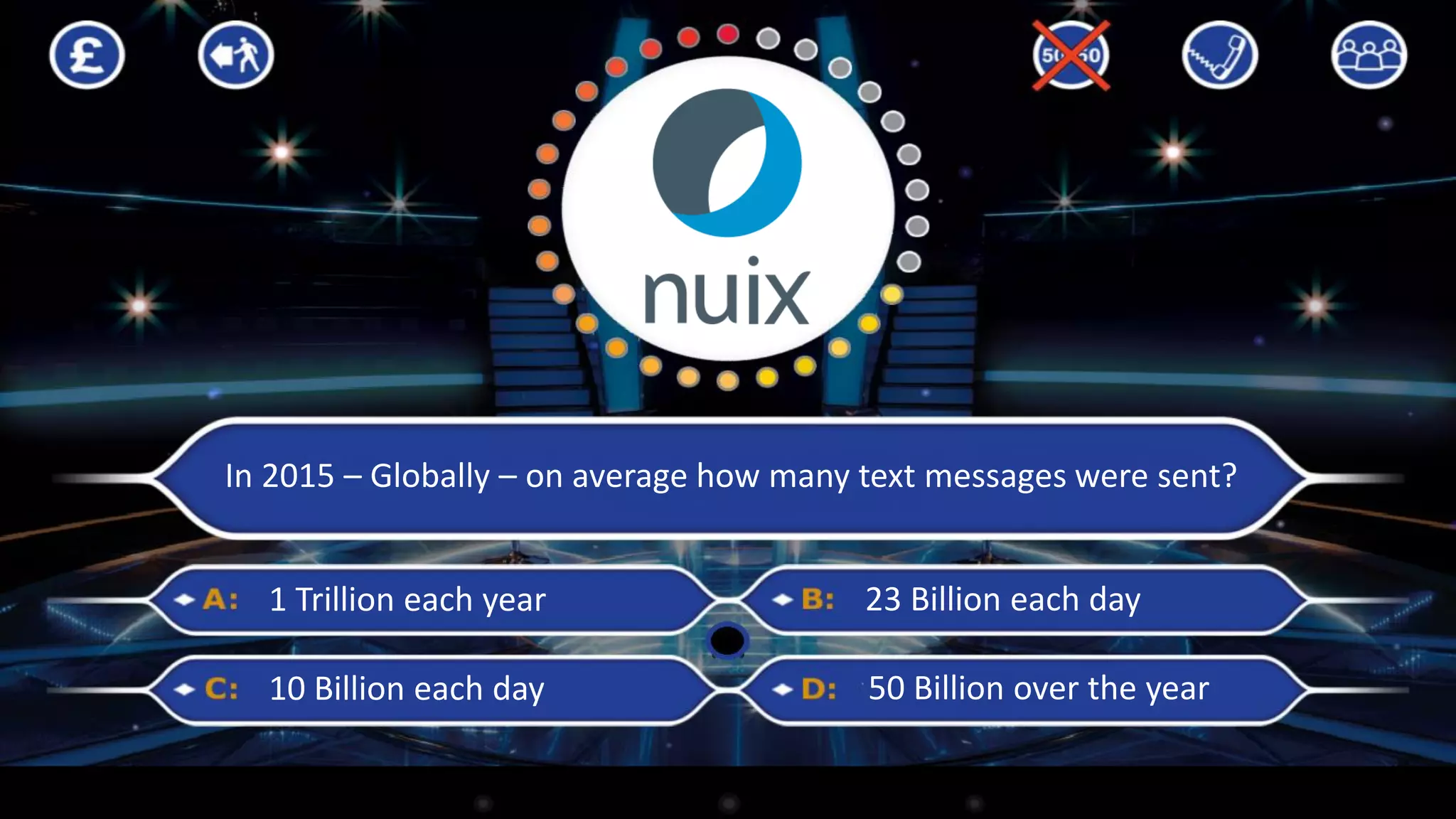 March 1, 2017 COPYRIGHT NUIX 2017 6
In 2015 – Globally – on average how many text messages were sent?
1 Trillion each year
10 Billion each day
23 Billion each day
50 Billion over the year
 