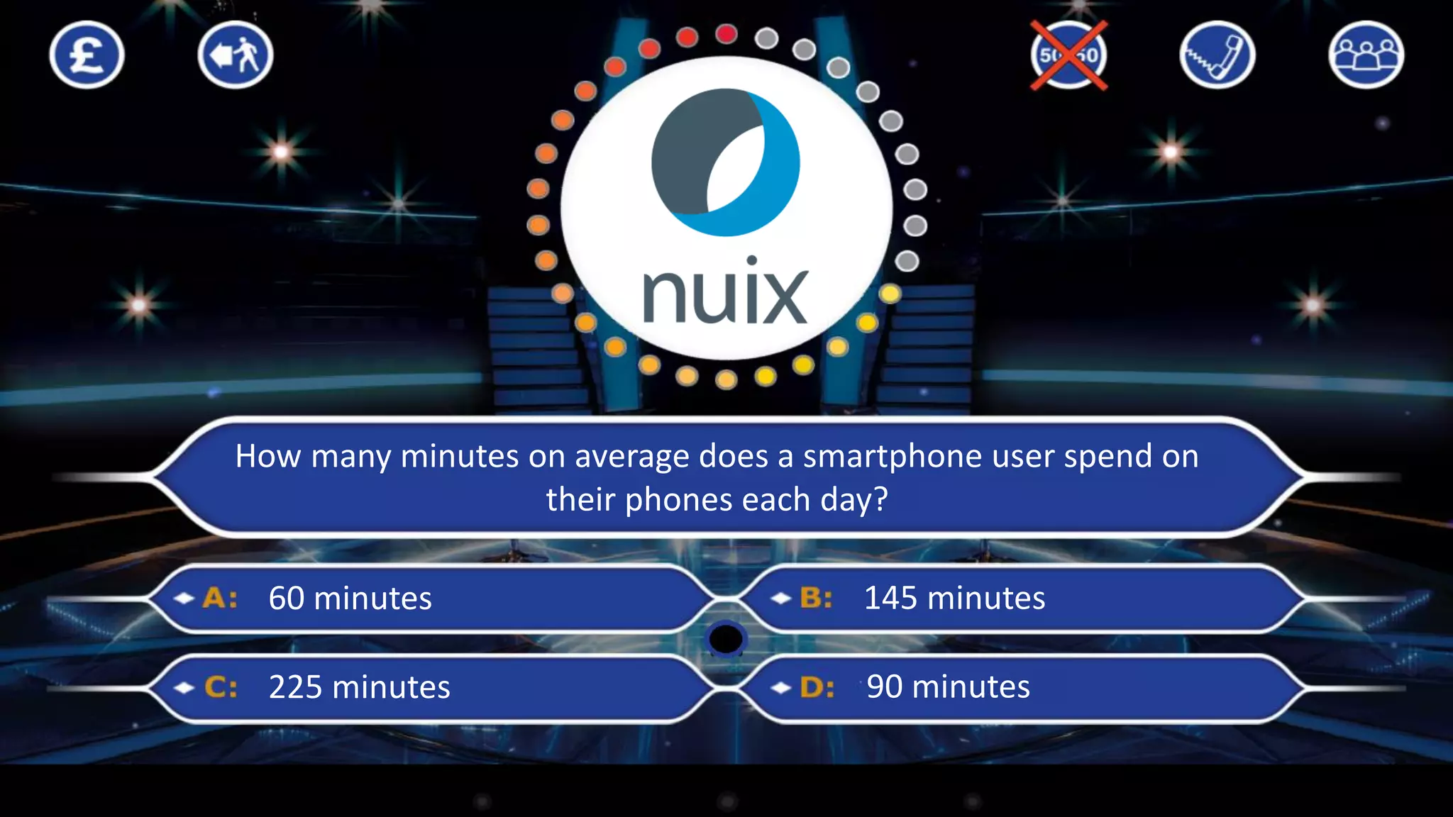 March 1, 2017 COPYRIGHT NUIX 2017 7
How many minutes on average does a smartphone user spend on
their phones each day?
60 minutes
225 minutes
145 minutes
90 minutes
 