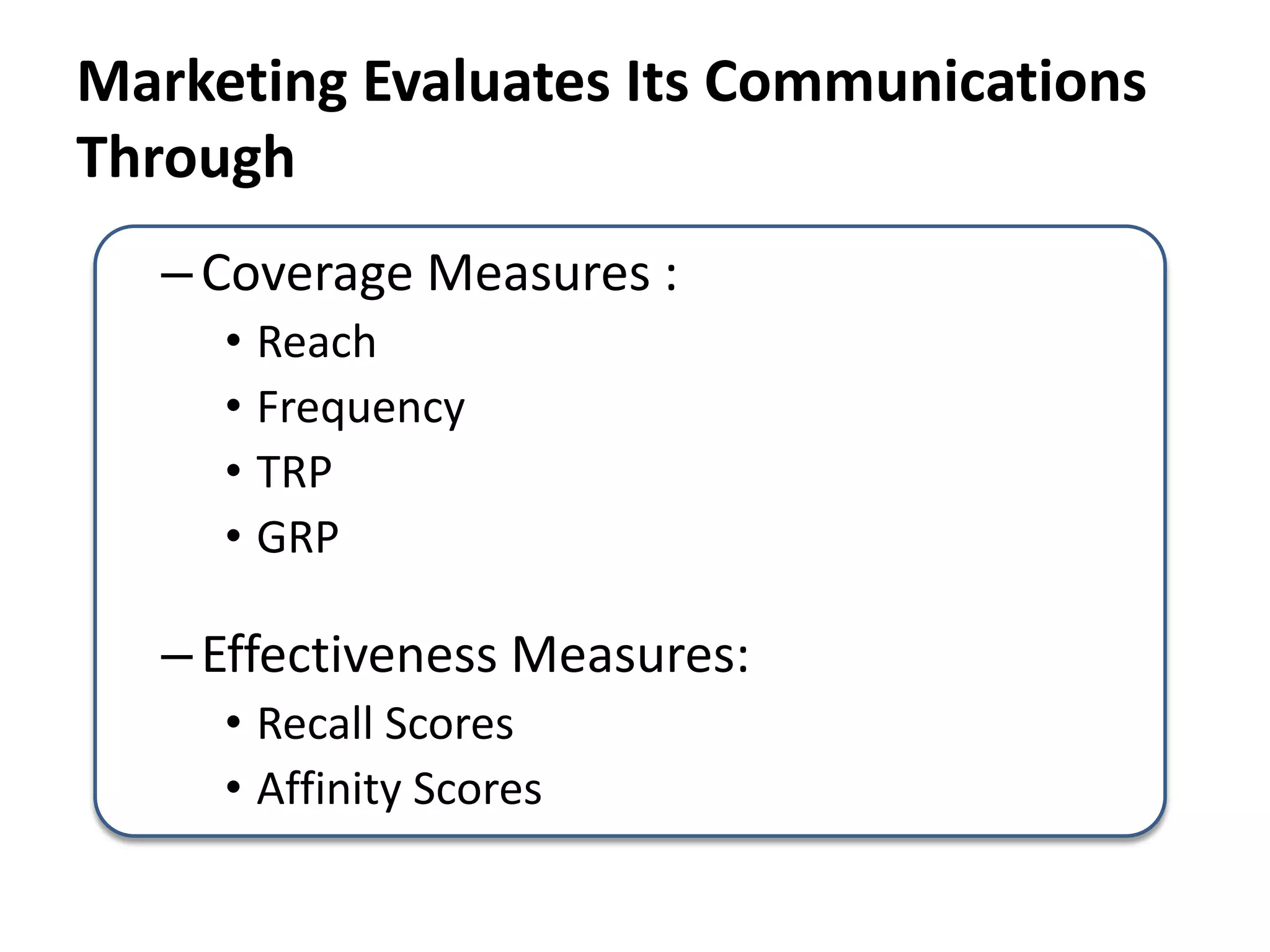 Marketing Evaluates Its Communications
Through
–Coverage Measures :
• Reach
• Frequency
• TRP
• GRP
–Effectiveness Measures:
• Recall Scores
• Affinity Scores
 