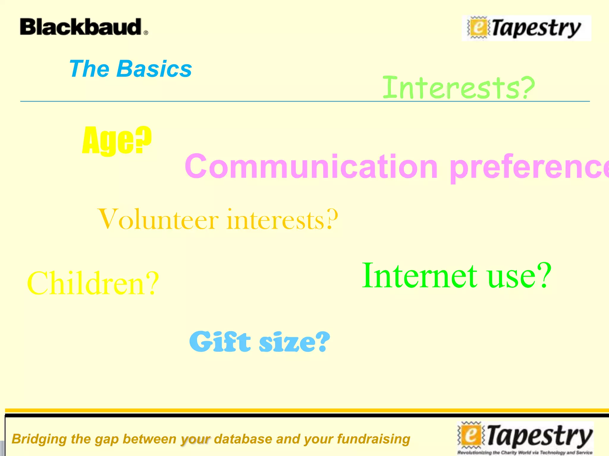  Allow you to grow your fundraising and     be more effective!Your database can, and should… Help you communicate better