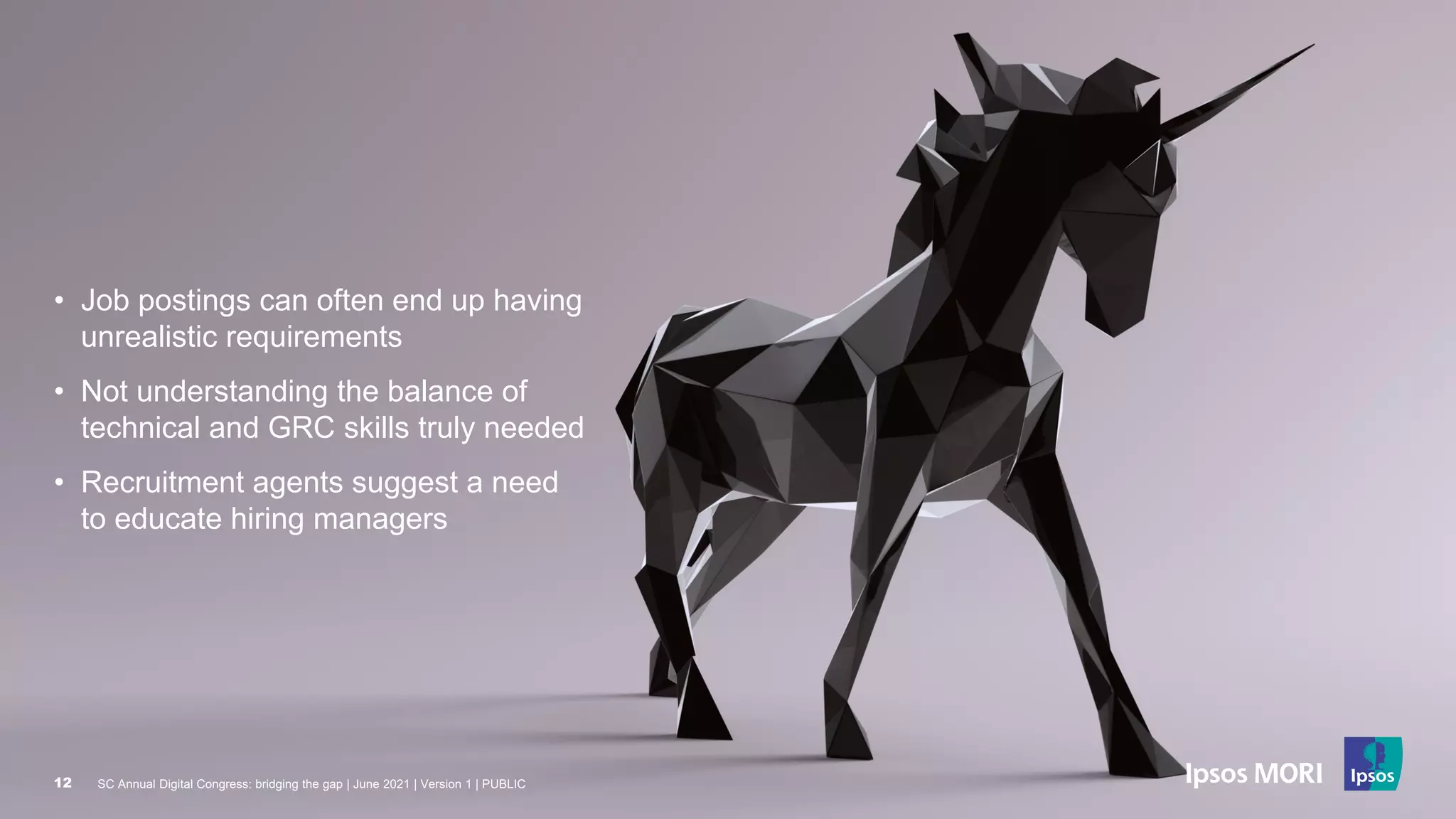 SC Annual Digital Congress: bridging the gap | June 2021 | Version 1 | PUBLIC
12
• Job postings can often end up having
unrealistic requirements
• Not understanding the balance of
technical and GRC skills truly needed
• Recruitment agents suggest a need
to educate hiring managers
SC Annual Digital Congress: bridging the gap | June 2021 | Version 1 | PUBLIC
12
 