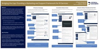 Bridging the Gap: Providing a Marketing and Support Framework for IR Services
Jeffrey M. Mortimore
Debra G. Skinner
Zach S. Henderson Library
Abstract
Institutional Repositories require continuous promotion
and support to attract and retain campus collections.
However, balancing promotion with a clear representa-
tion of repository offerings, policies, and procedures is
challenging, especially for institutions that rely on public
services personnel for front-line promotion.
This poster presents Georgia Southern University’s re-
cently developed IR Services LibGuide as a model for pro-
viding such a framework. This portal provides:
1) A front-line promotional tool.
2) A client-management tool for support consultations.
3) A storehouse for repository-related forms and licenses.
It further integrates with the library’s other scholarly com-
munications-related guides, providing seamless represen-
tation of these services to patrons.
Best Practices
1) Practice intentional redundancy. Describe the same re-
sources and services multiple times at varying levels of
granularity. Make sure the patron is able to enage at their
level of understanding.
2) Think multiple audiences and multiple modes of delivery.
Organize and present information to support the full range
of patron support activities in which you engage.
3) Encourage your colleagues to adopt your support materi-
als as their own. This supports effective brand management
and keeps everyone on the same script.
 