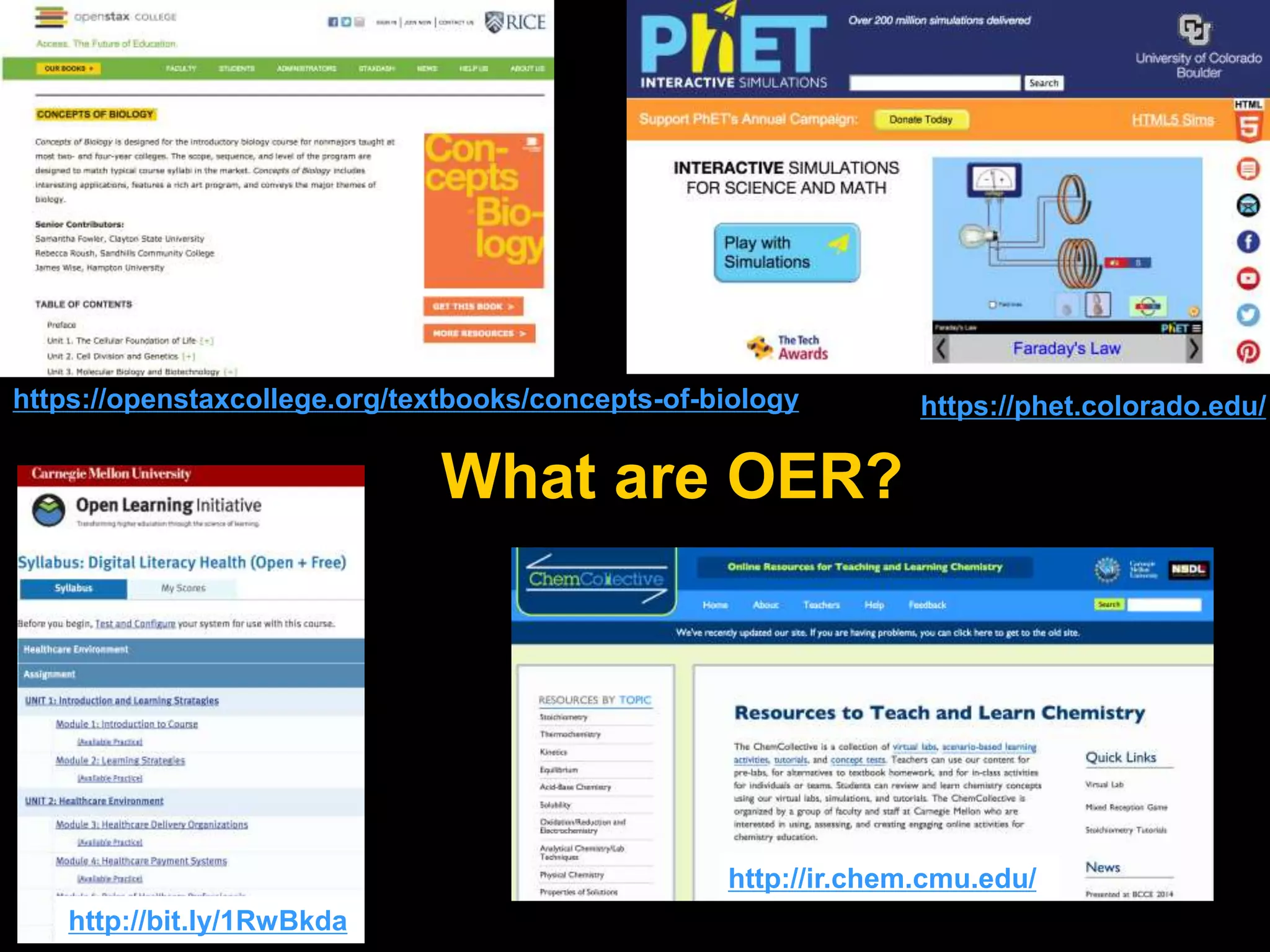 What are OER?
https://phet.colorado.edu/
http://ir.chem.cmu.edu/
https://openstaxcollege.org/textbooks/concepts-of-biology
http://bit.ly/1RwBkda
 