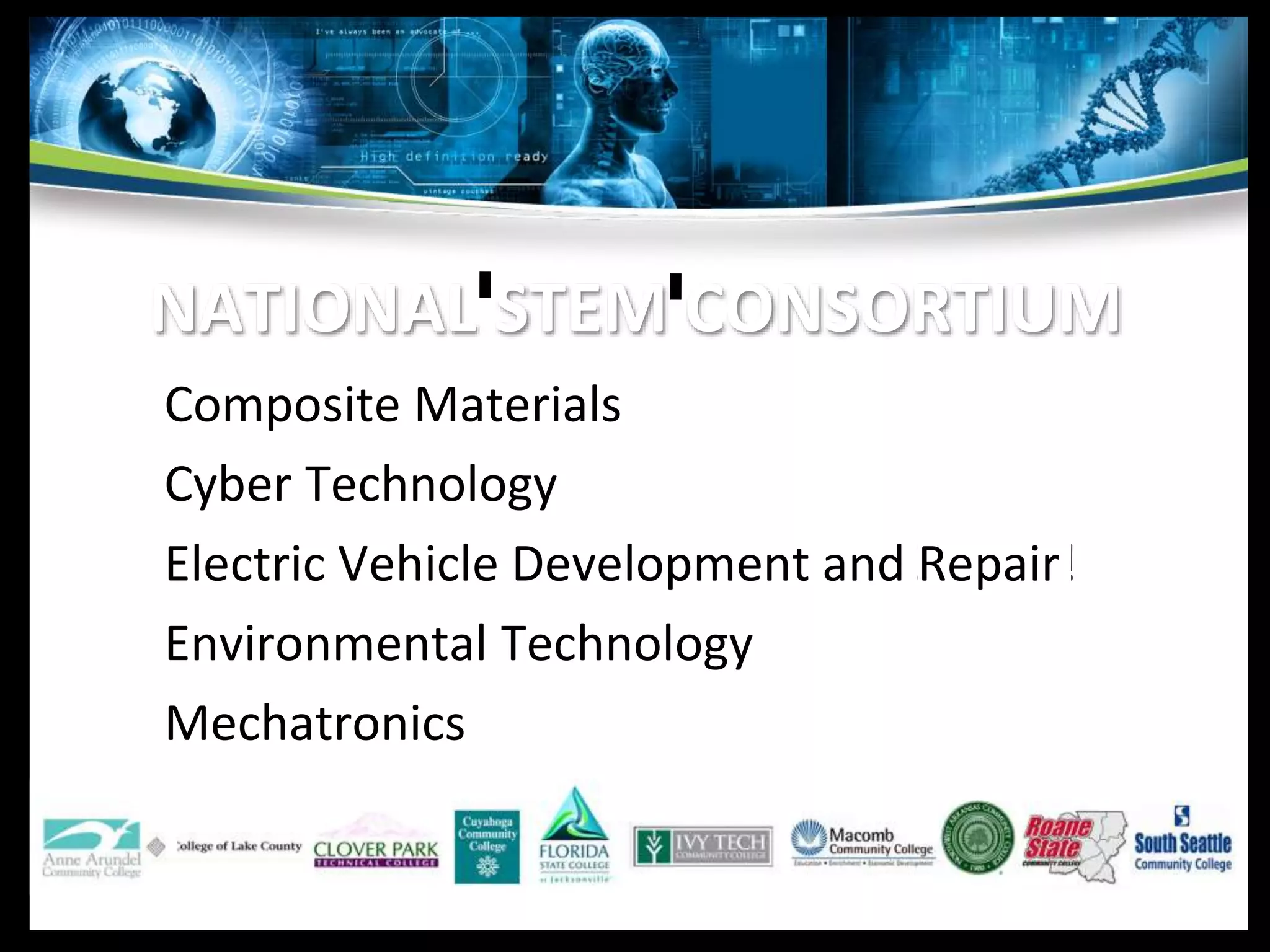 NATIONAL'STEM'CONSORTIUM
!Composite!Materials!
Cyber!Technology!
Electric!Vehicle!Development!and!Repair!
Environmental!Technology!
Mechatronics!
!
 