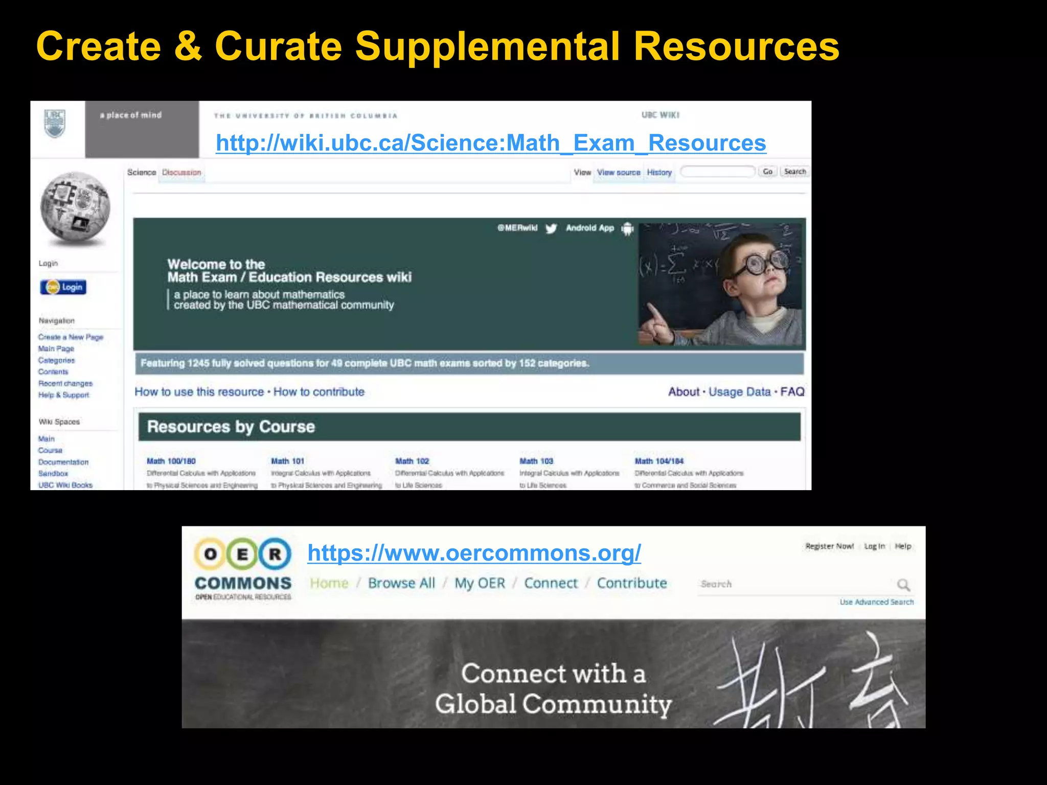 Create & Curate Supplemental Resources
http://wiki.ubc.ca/Science:Math_Exam_Resources
https://www.oercommons.org/
 