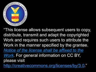 “This license allows subsequent users to copy,
distribute, transmit and adapt the copyrighted
Work and requires such users to attribute the
Work in the manner specified by the grantee.
Notice of the license shall be affixed to the
Work. For general information on CC BY,
please visit
http://creativecommons.org/licenses/by/3.0.”
 