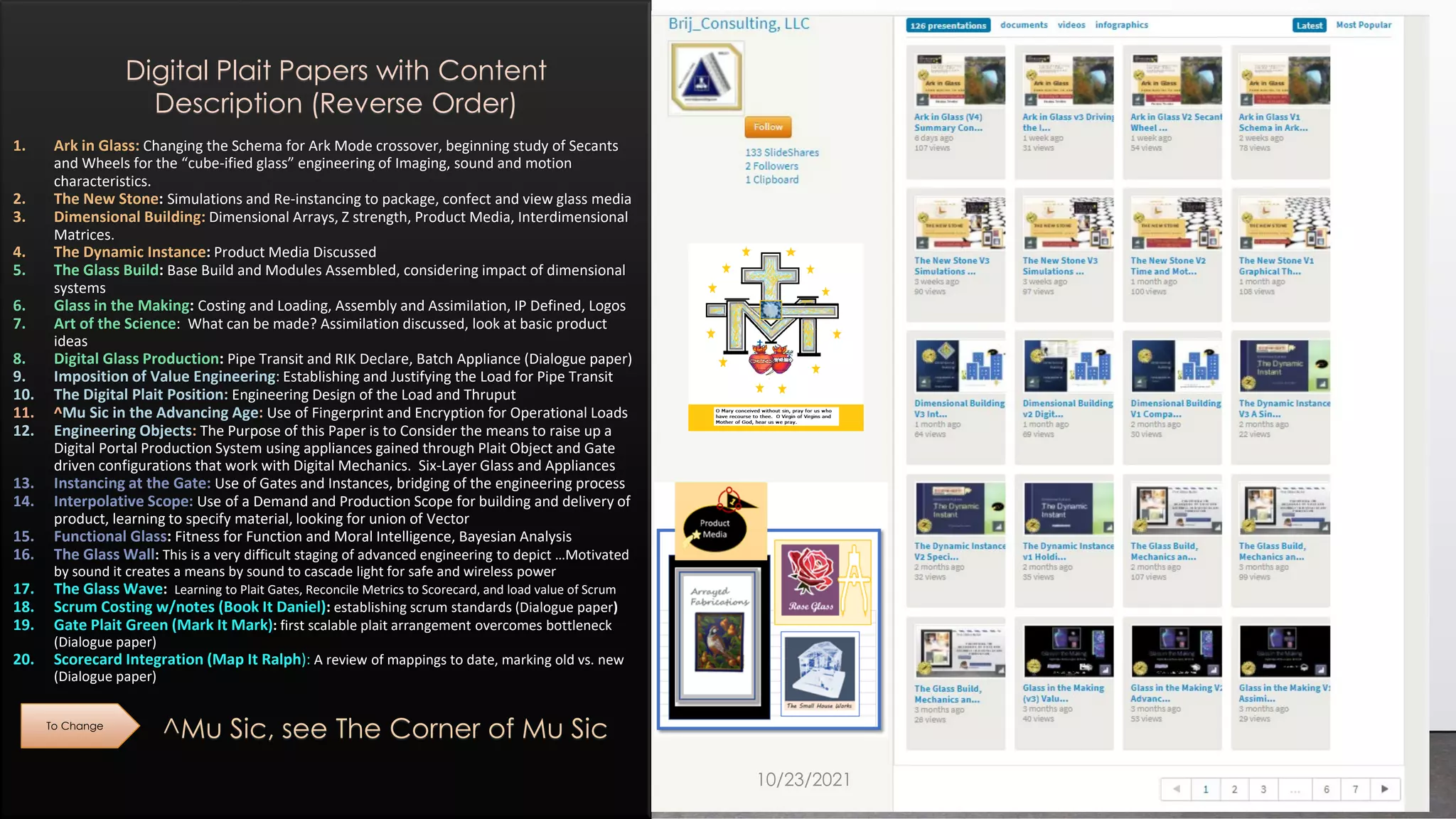 13
1. Ark in Glass: Changing the Schema for Ark Mode crossover, beginning study of Secants
and Wheels for the “cube-ified glass” engineering of Imaging, sound and motion
characteristics.
2. The New Stone: Simulations and Re-instancing to package, confect and view glass media
3. Dimensional Building: Dimensional Arrays, Z strength, Product Media, Interdimensional
Matrices.
4. The Dynamic Instance: Product Media Discussed
5. The Glass Build: Base Build and Modules Assembled, considering impact of dimensional
systems
6. Glass in the Making: Costing and Loading, Assembly and Assimilation, IP Defined, Logos
7. Art of the Science: What can be made? Assimilation discussed, look at basic product
ideas
8. Digital Glass Production: Pipe Transit and RIK Declare, Batch Appliance (Dialogue paper)
9. Imposition of Value Engineering: Establishing and Justifying the Load for Pipe Transit
10. The Digital Plait Position: Engineering Design of the Load and Thruput
11. ^Mu Sic in the Advancing Age: Use of Fingerprint and Encryption for Operational Loads
12. Engineering Objects: The Purpose of this Paper is to Consider the means to raise up a
Digital Portal Production System using appliances gained through Plait Object and Gate
driven configurations that work with Digital Mechanics. Six-Layer Glass and Appliances
13. Instancing at the Gate: Use of Gates and Instances, bridging of the engineering process
14. Interpolative Scope: Use of a Demand and Production Scope for building and delivery of
product, learning to specify material, looking for union of Vector
15. Functional Glass: Fitness for Function and Moral Intelligence, Bayesian Analysis
16. The Glass Wall: This is a very difficult staging of advanced engineering to depict …Motivated
by sound it creates a means by sound to cascade light for safe and wireless power
17. The Glass Wave: Learning to Plait Gates, Reconcile Metrics to Scorecard, and load value of Scrum
18. Scrum Costing w/notes (Book It Daniel): establishing scrum standards (Dialogue paper)
19. Gate Plait Green (Mark It Mark): first scalable plait arrangement overcomes bottleneck
(Dialogue paper)
20. Scorecard Integration (Map It Ralph): A review of mappings to date, marking old vs. new
(Dialogue paper)
^Mu Sic, see The Corner of Mu Sic
To Change
Digital Plait Papers with Content
Description (Reverse Order)
10/23/2021
 