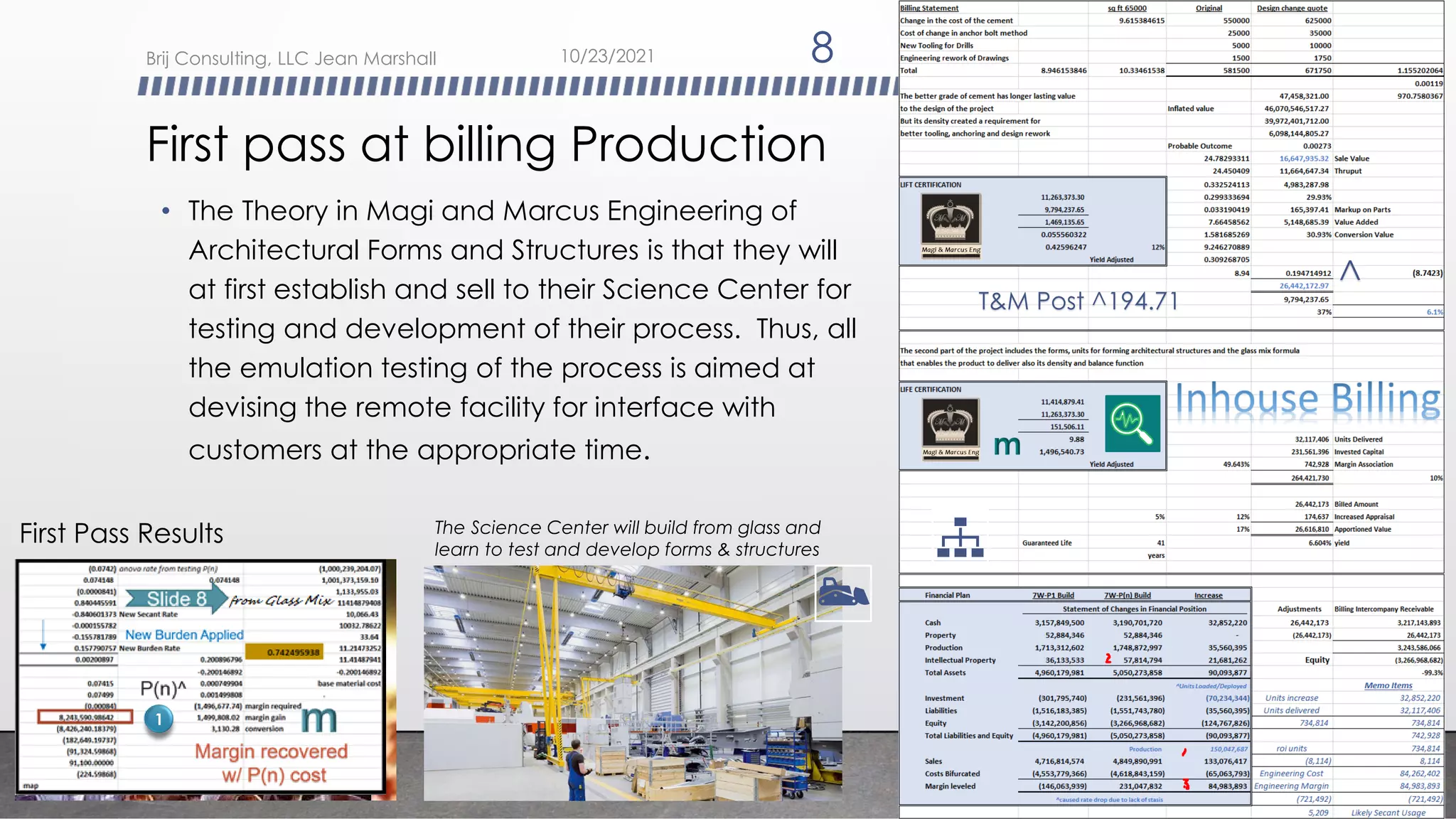 First pass at billing Production
• The Theory in Magi and Marcus Engineering of
Architectural Forms and Structures is that they will
at first establish and sell to their Science Center for
testing and development of their process. Thus, all
the emulation testing of the process is aimed at
devising the remote facility for interface with
customers at the appropriate time.
The Science Center will build from glass and
learn to test and develop forms & structures
First Pass Results
T&M Post ^194.71
^
1
10/23/2021
Brij Consulting, LLC Jean Marshall 8
 