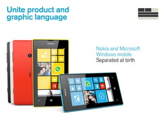 Unite product and
graphic language
Nokia and Microsoft
Windows mobile 
Separated at birth 
 