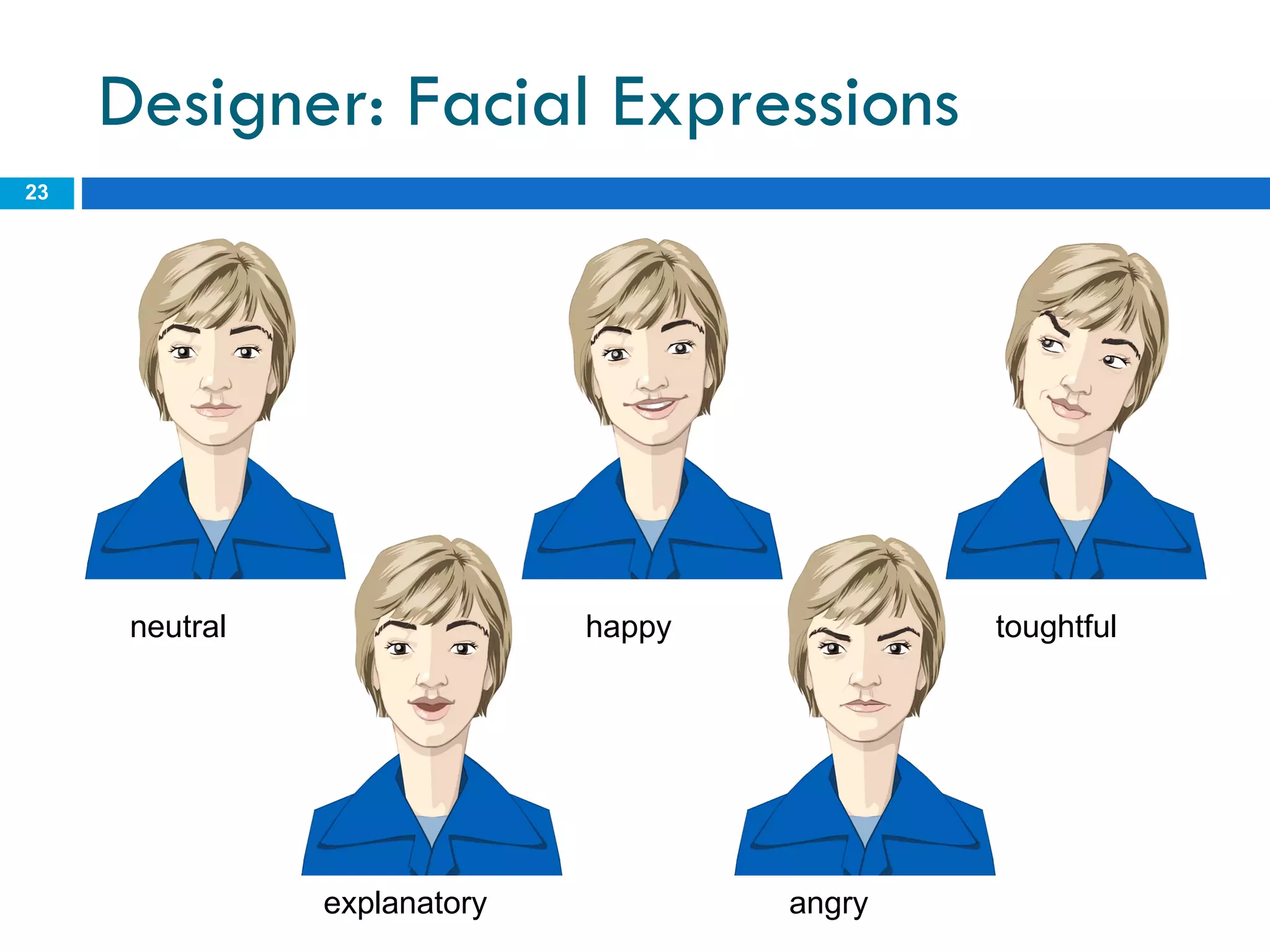 Designer: Facial Expressions neutral happy toughtful explanatory angry 