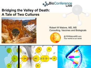 Bridging the Valley of Death:
A Tale of Two Cultures


                            Robert W Malone, MD, MS
                            Consulting, Vaccines and Biologicals

                                          @ RWMaloneMD.com
                                          Your world is our world
 