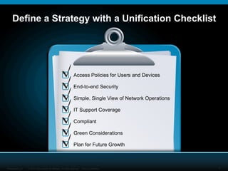 Define a Strategy with a Unification Checklist




                                                                  Access Policies for Users and Devices

                                                                  End-to-end Security

                                                                  Simple, Single View of Network Operations

                                                                  IT Support Coverage

                                                                  Compliant

                                                                  Green Considerations

                                                                  Plan for Future Growth



Presentation_ID   © 2010 Cisco and/or its affiliates. All rights reserved. Cisco Confidential                 7
 