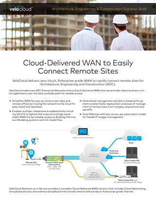Cloud-Delivered WAN to Easily
Connect Remote Sites
VeloCloud delivers zero-touch, Enterprise-grade WAN to rapidly connect remote sites for
Architecture, Engineering and Construction (AEC).
VeloCloud modernizes AEC Enterprise Networks with a Cloud-Delivered WAN that dynamically steers business criti-
cal applications over the best available path for reliable access:
Architecture, Engineering & Construction Solution Brief
ɚɚ Simplifies WAN for pop-up construction sites and
remote offices by moving the network to the cloud for
easy install and teardown
ɚɚ Enables multiple, inexpensive broadband links includ-
ing 4G/LTE to behave like a secure and high-band-
width WAN link for reliable access to Building Informa-
tion Modeling systems and rich media files.
ɚɚ Centralized management and policy-based enforce-
ment enables faster deployment and ease of manage-
ment of remote sites from mergers, acquisitions and
spinoffs
ɚɚ Cost Effective with pay-as-you-go subscription model
for flexible IT budget management
VeloCloud Network-as-a-Service provides a complete Cloud-Delivered WAN solution that includes Cloud Networking,
Virtualized services and ordinary broadband links transformed to behave like an Enterprise-grade Internet.
 