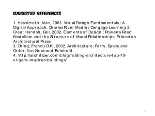 Suggested References
1. Hashim ot o, Alan, 2003. Visual Design Fundam ent als : A
Digit al Approach, Charles River Media / Cengage Learning 2.
Greet Hannah, Gail, 2002. Elem ent s of Design : Row ena Reed
Kost ellow and t he St ruct ure of Visual Relat ionships, Princet on
Archit ect ural Press
3. Ching, Francis D.K., 2002. Archit ect ure: Form , Space and
Order, Van Nost rand Reinhold.
4. ht t p://archit izer.com /blog/f olding -archit ect ure-t op-10-
origam i-inspired -buildings/
5
 