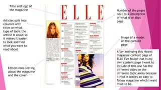 Title and logo of
the magazine
Image of a model
on the content
page
Number of the pages
next to a description
of what is on that
pageArticles spilt into
columns with
titles on what
type of topic the
article is about so
it makes it easier
to look and find
what you want to
read about
Editors note stating
about the magazine
and the cover
After analysing this Hearst
magazine content page of
ELLE I’ve found that in my
own content page I want to
include of this one has the
different titles on the
different topic areas because
I think it makes an easy to
follow magazine which I want
mine to be.
 