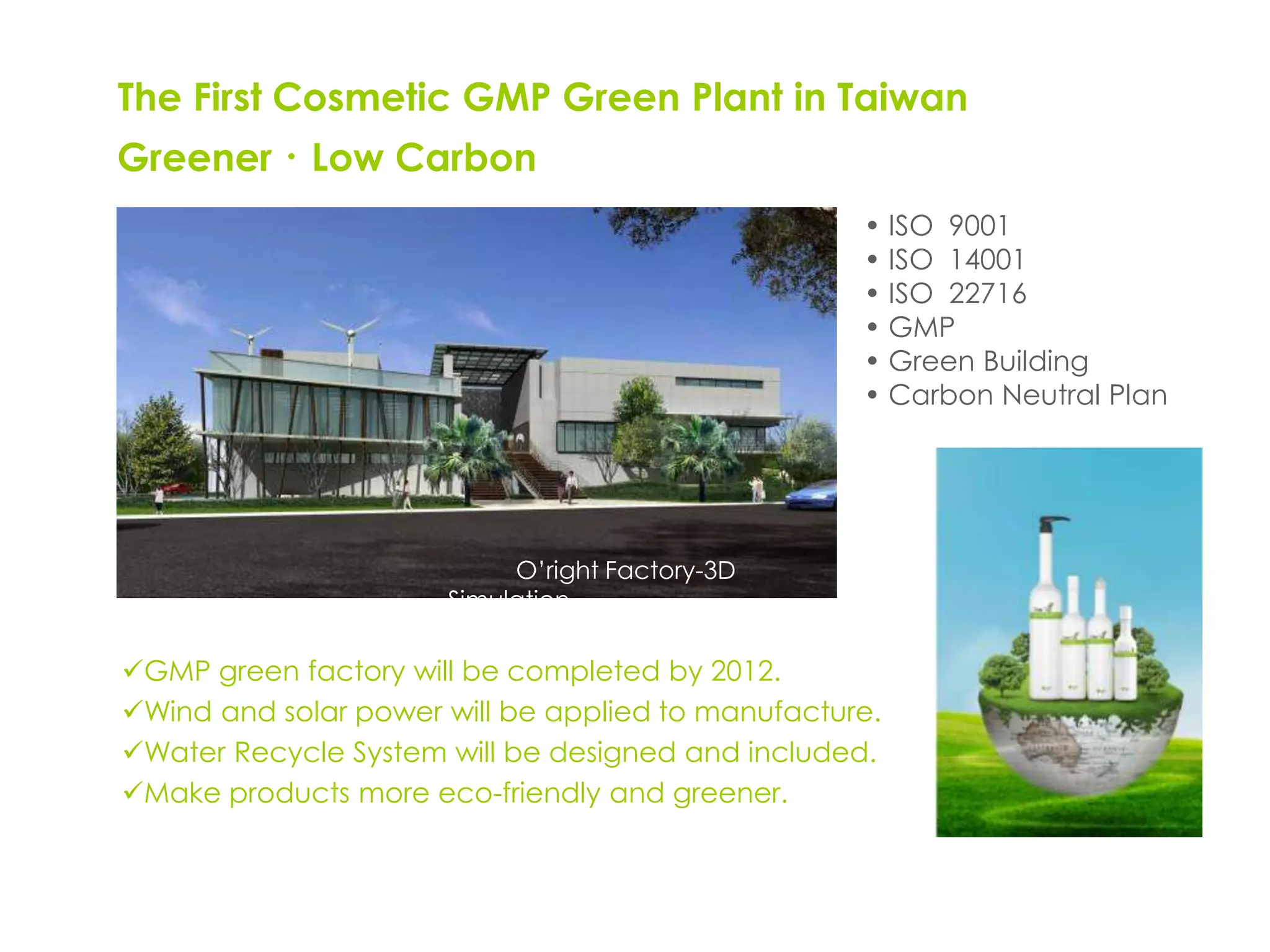 GMP/ Carbon
  Neutral Factory
The First Cosmetic GMP Green Plant in Taiwan
Greener．Low Carbon
                                                   • ISO 9001
                                                   • ISO 14001
                                                   • ISO 22716
                                                   • GMP
                                                   • Green Building
                                                   • Carbon Neutral Plan




                           O’right Factory-3D
                      Simulation

GMP green factory will be completed by 2012.
Wind and solar power will be applied to manufacture.
Water Recycle System will be designed and included.     8
Make products more eco-friendly and greener.
 