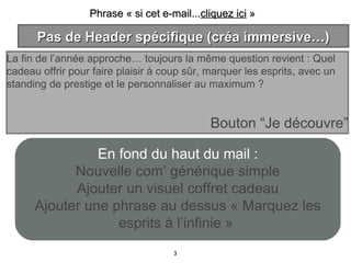 Pas de Header spécifique (créa immersive…) Phrase « si cet e-mail... cliquez ici  » En fond du haut du mail : Nouvelle com’ générique simple Ajouter un visuel coffret cadeau Ajouter une phrase au dessus « Marquez les esprits à l’infinie »  La fin de l’année approche… toujours la même question revient : Quel cadeau offrir pour faire plaisir à coup sûr, marquer les esprits, avec un standing de prestige et le personnaliser au maximum ?  Bouton “Je découvre” 