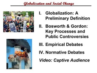 I. Globalization: A
   Preliminary Definition
II. Bosworth & Gordon:
    Key Processes and
    Public Controversies
III. Empirical Debates
IV. Normative Debates
Video: Captive Audience
 