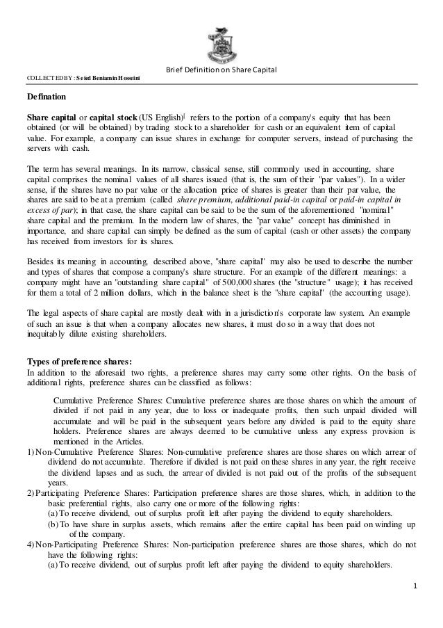 Brief definition on share capital