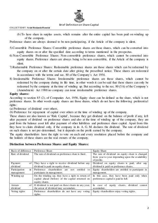 Brief definition on share capital
