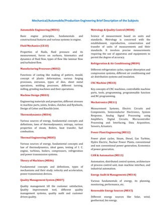 Mechanical/Automobile/Production Engineering Brief Description of the Subjects

Automobile Engineering (ME01)                               Metrology & Quality Control (ME08)

Basic    engine     principles,   fundamentals      and     Science of measurement based on units and
constructional features and various systems in engine.      standards. Metrology is concerned with the
                                                            establishment, reproduction, conservation and
Fluid Mechanics (CE10)                                      transfer of units of measurements and their
                                                            standards. It involves precise measurements
Properties of fluids, fluid pressure and its
                                                            requiring the use of apparatus and equipments to
measurement, forces on surfaces, kinematics and
                                                            permit the degree of accuracy.
dynamics of fluid flow, types of flow like laminar flow
and turbulent flow.                                         Refrigeration & Air Conditioning (ME09)

Manufacturing Processes (ME02)                              Different refrigeration cycles, vapour absorption and
                                                            compression systems, different air conditioning and
Functions of casting like making of pattern, mould,
                                                            air distribution systems and insulation.
concept of plastic deformation, various forging
processes, extrusion, types of dies, sheet metal            CNC Machine (ME10)
operations, welding processes, different turning,
milling, grinding machines and their operations.            Key concepts of CNC machines, controllable machine
                                                            parts, tools, programming, programmable function
Machine Design (ME03)                                       and NC programming.

Engineering materials and properties, different stresses    Mechatronics (ME11)
in machine parts, joints, brakes, clutches and flywheels,
Design of Cotter and Knuckle Joint.                         Measurement Systems, Electric Circuits and
                                                            Components, Semiconductor Electronics, System
Thermodynamics (ME04)                                       Response, Analog Signal Processing using
                                                            Amplifiers,   Digital Circuits, Microcontroller
Various sources of energy, fundamental concepts and
                                                            Processing and Interfacing, Data Acquisition,
definitions, laws of thermodynamics, entropy, various
                                                            Sensors, Actuators.
properties of steam, Boilers, heat transfer, fuel
combustion.                                                 Power Plant Engineering (ME12)
Thermal Engineering (ME05)                                  Power plant cycles, Steam, Diesel, Gas Turbine,
                                                            Hydro Electric, Nuclear Power Plants, conventional
Various sources of energy, fundamental concepts and
                                                            and non conventional power generation, Economics
law of thermodynamics, ideal gases, testing of I. C.
                                                            of power generation.
engine, turbines, boilers, compressors, refrigeration
and power transmission systems.                             CAM & Automation (ME13)
Theory of Machines (ME06)                                   Automation, distributed control system, architecture
                                                            of process control unit, man machine interface, and
Fundamental concepts and definitions, types of
                                                            industrial automation.
mechanisms and their study, velocity and acceleration,
power transmission devices.                                 Energy Audit & Managements (ME14)
Quality Management System (ME07)                            Various fundamentals of energy, its planning,
                                                            monitoring, performance, etc.
Quality management till the customer satisfaction,
Quality   improvement    tool, different   quality          Renewable Energy Sources (ME15)
management systems, quality audit and customer
driven quality.                                             Different energy sources        like   Solar,   wind,
                                                            geothermal, bio energy.
 