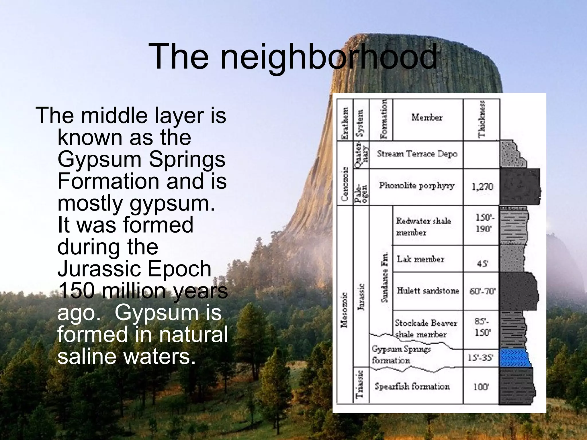 The neighborhood
The middle layer is
  known as the
  Gypsum Springs
  Formation and is
  mostly gypsum.
  It was formed
  during the
  Jurassic Epoch
  150 million years
  ago. Gypsum is
  formed in natural
  saline waters.
 