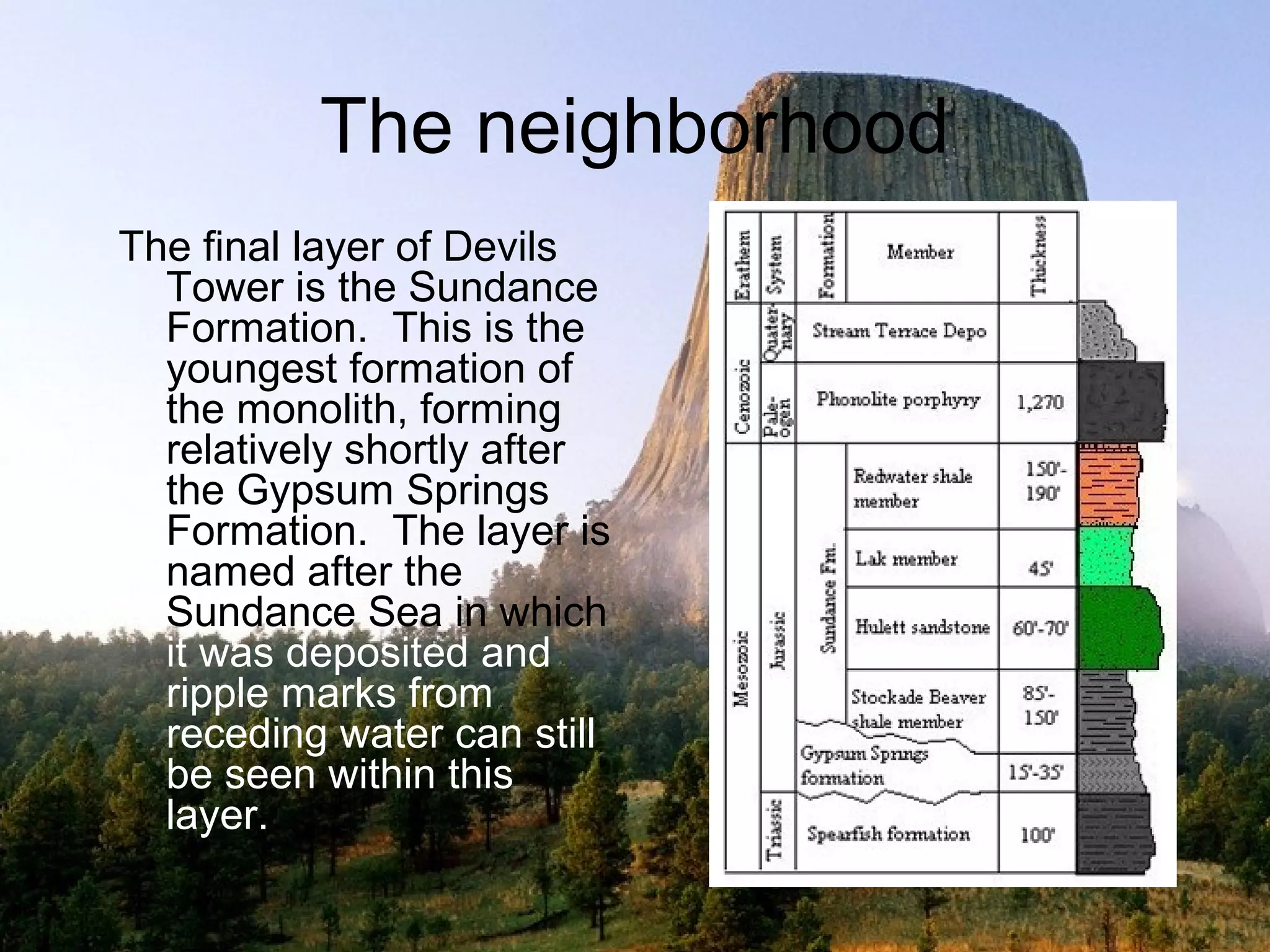 The neighborhood
The final layer of Devils
  Tower is the Sundance
  Formation. This is the
  youngest formation of
  the monolith, forming
  relatively shortly after
  the Gypsum Springs
  Formation. The layer is
  named after the
  Sundance Sea in which
  it was deposited and
  ripple marks from
  receding water can still
  be seen within this
  layer.
 