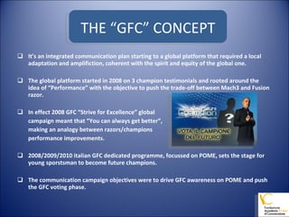 THE “GFC” CONCEPT It’s an integrated communication plan starting to a global platform that required a local adaptation and amplifiction, coherent with the spirit and equity of the global one. The global platform started in 2008 on 3 champion testimonials and rooted around the idea of “Performance” with the objective to push the trade-off between Mach3 and Fusion razor. In effect 2008 GFC “ Strive for Excellence ”  global  campaign meant that “ You can always get better ” ,  making an analogy between razors/champions  performance improvements. 2008/2009/2010 italian GFC dedicated programme, focussed on POME, sets the stage for young sporstsman to become future champions. The communication campaign objectives were to drive GFC awareness on POME and push the GFC voting phase. THE “GFC” CONCEPT 
