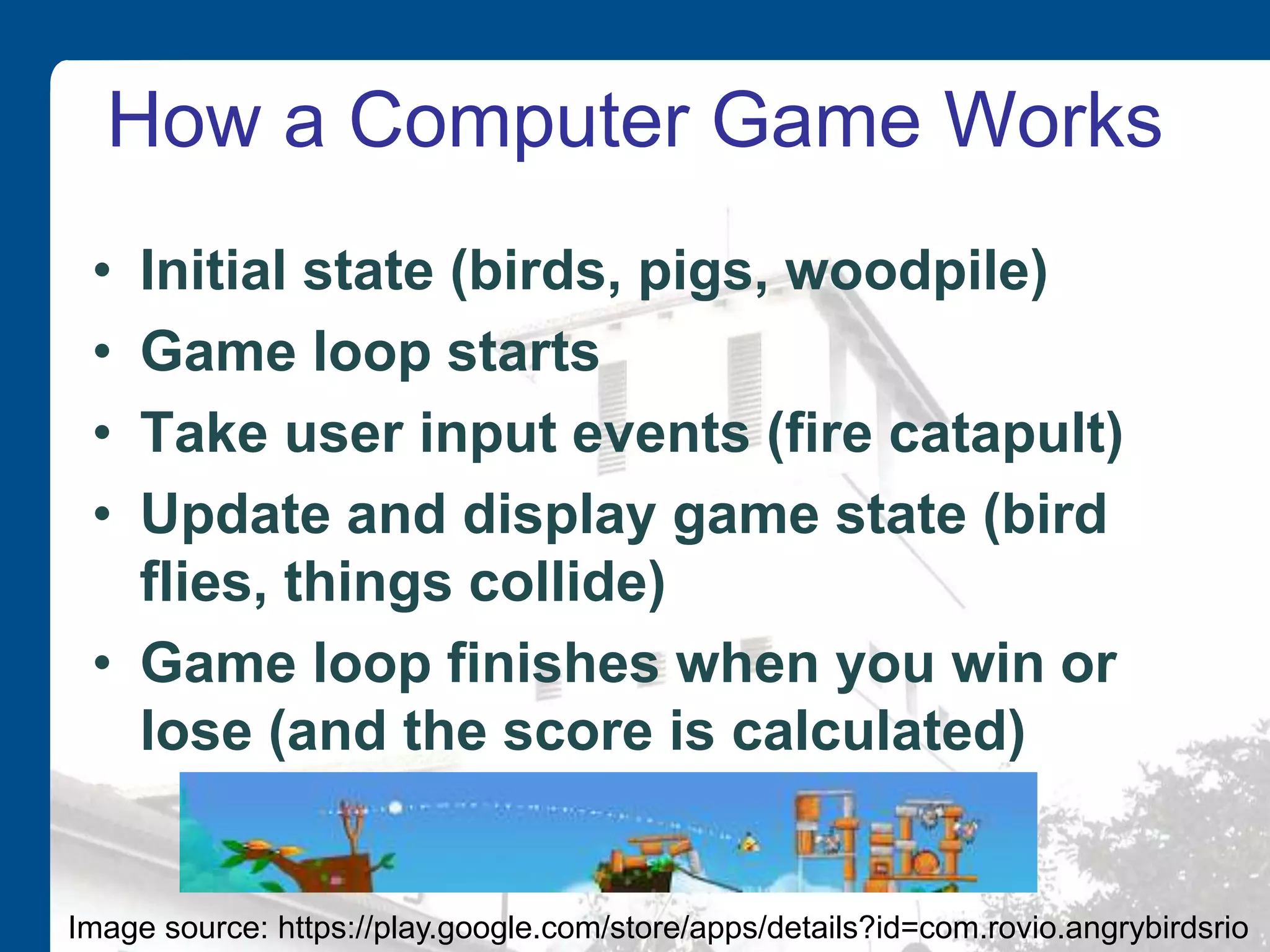 How a Computer Game Works
• Initial state (birds, pigs, woodpile)
• Game loop starts
• Take user input events (fire catapult)
• Update and display game state (bird
flies, things collide)
• Game loop finishes when you win or
lose (and the score is calculated)
Image source: https://play.google.com/store/apps/details?id=com.rovio.angrybirdsrio
 