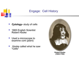 Engage: Cell History
 Cytology- study of cells
 1665 English Scientist
Robert Hooke
 Used a microscope to
examine cork (plant)
 Hooke called what he saw
"Cells"
 