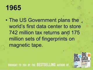 1965
• The US Government plans the
world’s first data center to store
742 million tax returns and 175
million sets of fing...