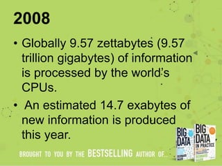 2008
• Globally 9.57 zettabytes (9.57
trillion gigabytes) of information
is processed by the world’s
CPUs.
• An estimated ...