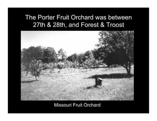 The Porter Fruit Orchard was between
  27th & 28th, and Forest & Troost




         Missouri Fruit Orchard
 