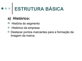 a)  Histórico: História do segmento Histórico da empresa Destacar pontos marcantes para a formação da imagem da marca. ESTRUTURA BÁSICA 