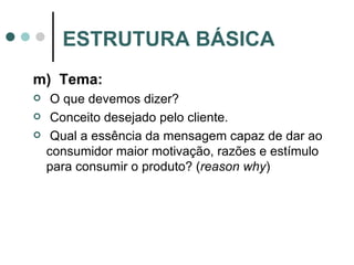 m)  Tema: O que devemos dizer? Conceito desejado pelo cliente. Qual a essência da mensagem capaz de dar ao consumidor maior motivação, razões e estímulo para consumir o produto?  ( reason why )   ESTRUTURA BÁSICA 