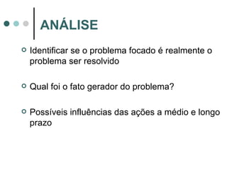 Identificar se o problema focado é realmente o problema ser resolvido Qual foi o fato gerador do problema? Possíveis influências das ações a médio e longo prazo ANÁLISE 
