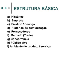 <ul><li>a)  Histórico </li></ul><ul><li>b)  Empresa </li></ul><ul><li>c)  Produto / Serviço </li></ul><ul><li>d)  Históric...
